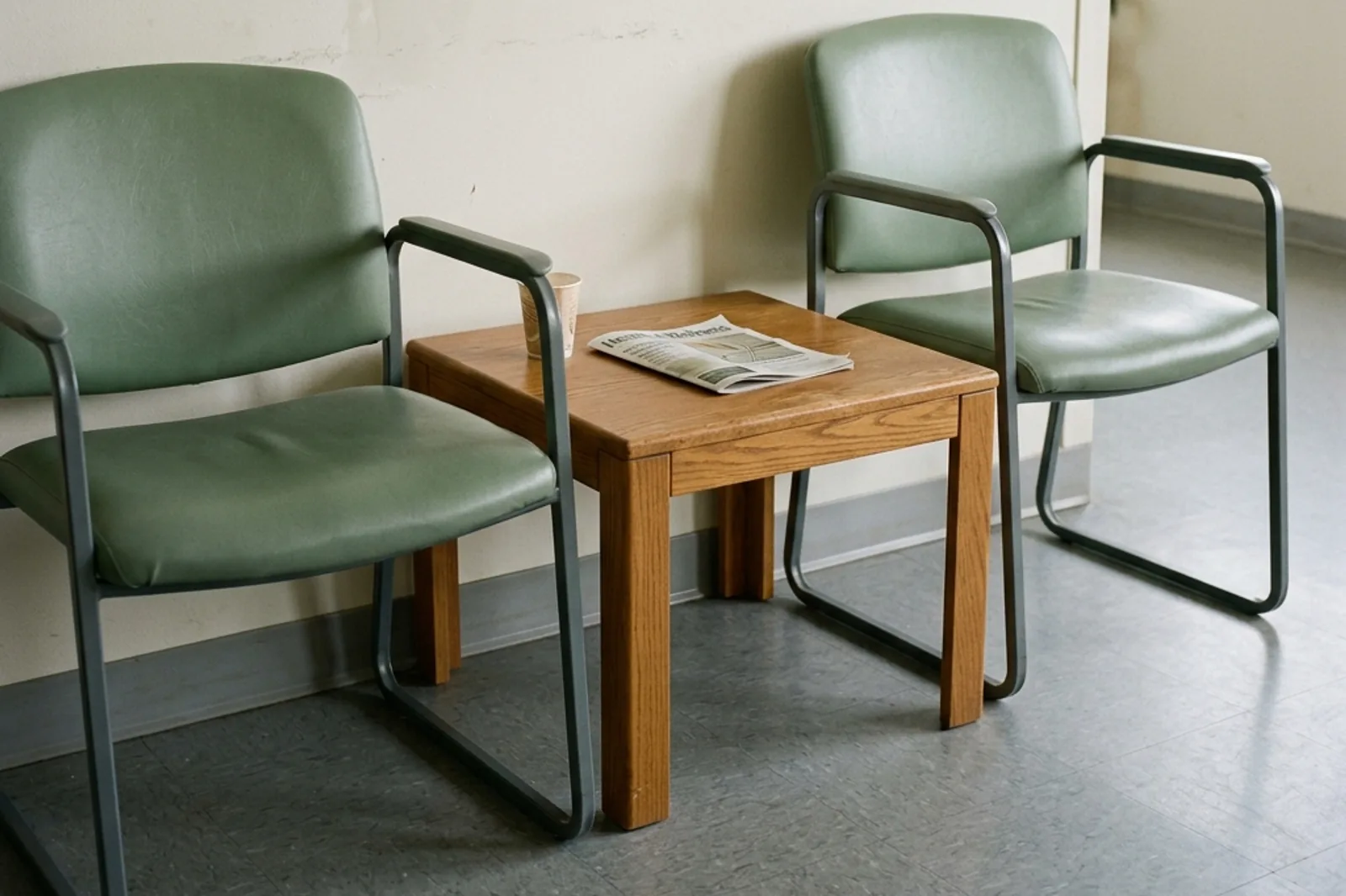 Two green clinic waiting room chairs next to a small wooden table with a folded magazine.
